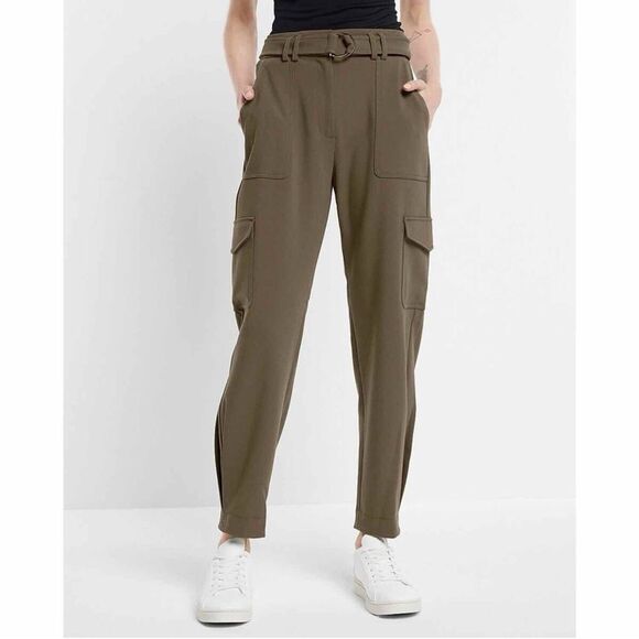 Express Super High Rise Pleated Ankle Cargo Utility Pants Olive Khaki Green 6 - Picture 2 of 16